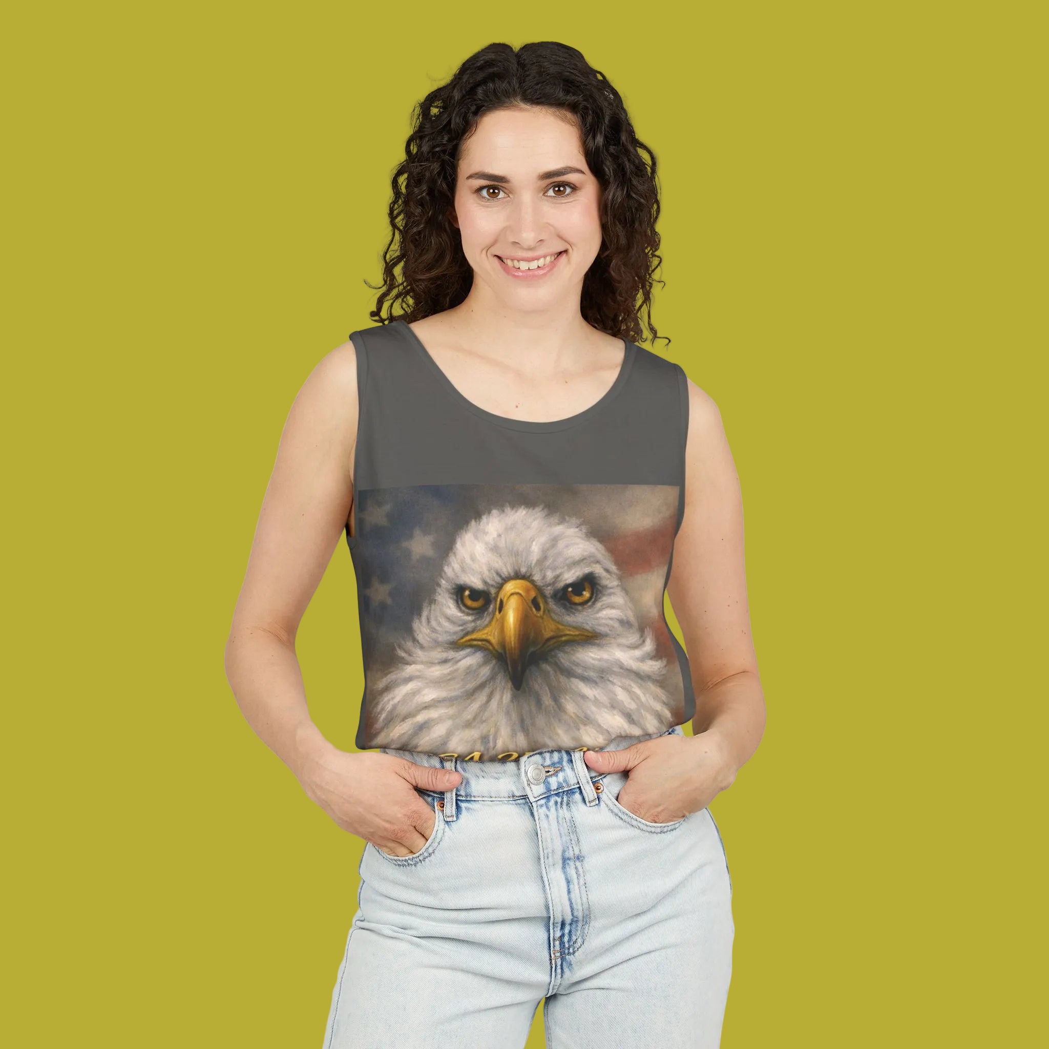 Woman wearing a pepper colored tank top with an eagle painting by Studio Blitz - S-3XL