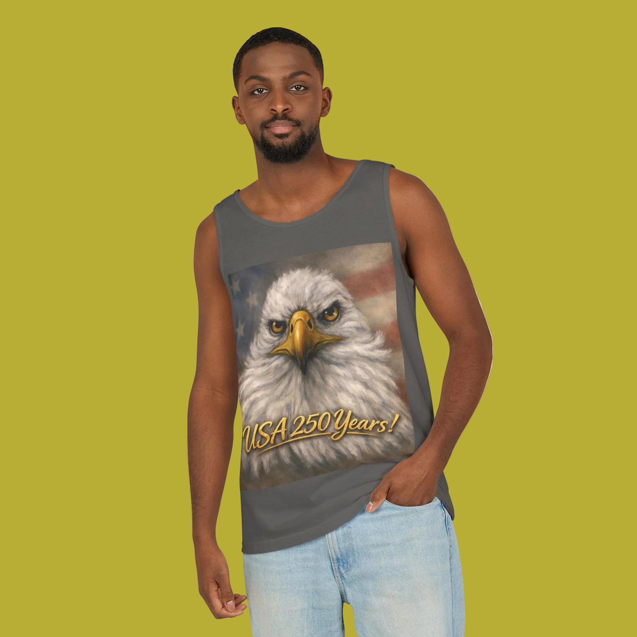 Man wearing a pepper colored tank top with an eagle design and 'USA 250 Years!' 