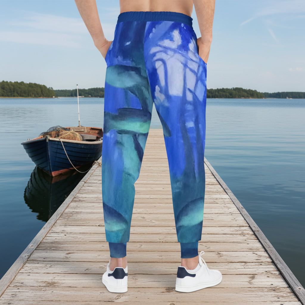 Blue and green patterned jogger pants worn by a person who loves fishing and the outdoors
