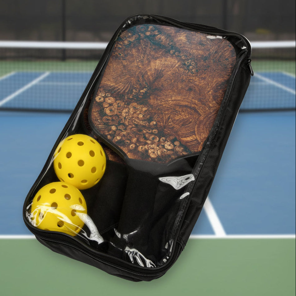 Packaged pickleball paddle case with two yellow pickleballs - paddles in Burl Wood Design