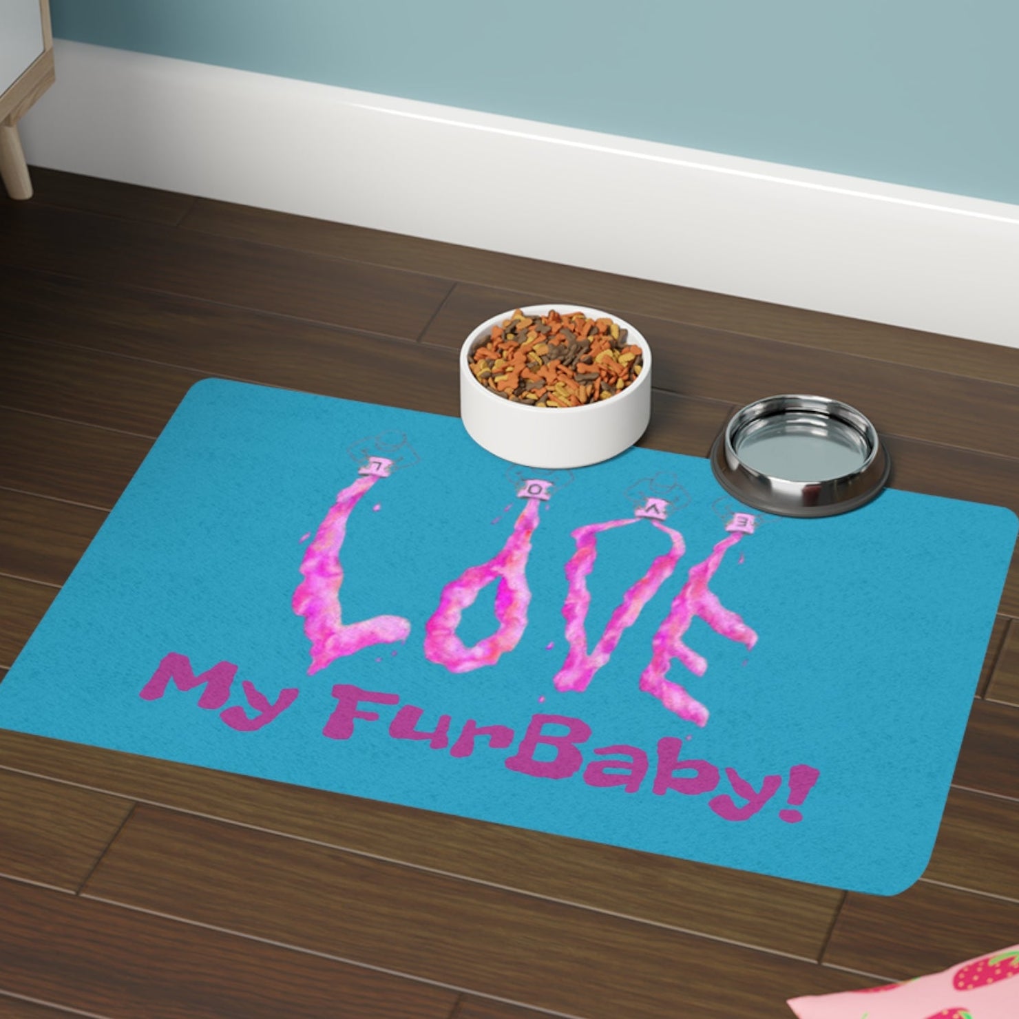Pet mat with Pink 'Love My FurBaby!' text - anti-slip backing
