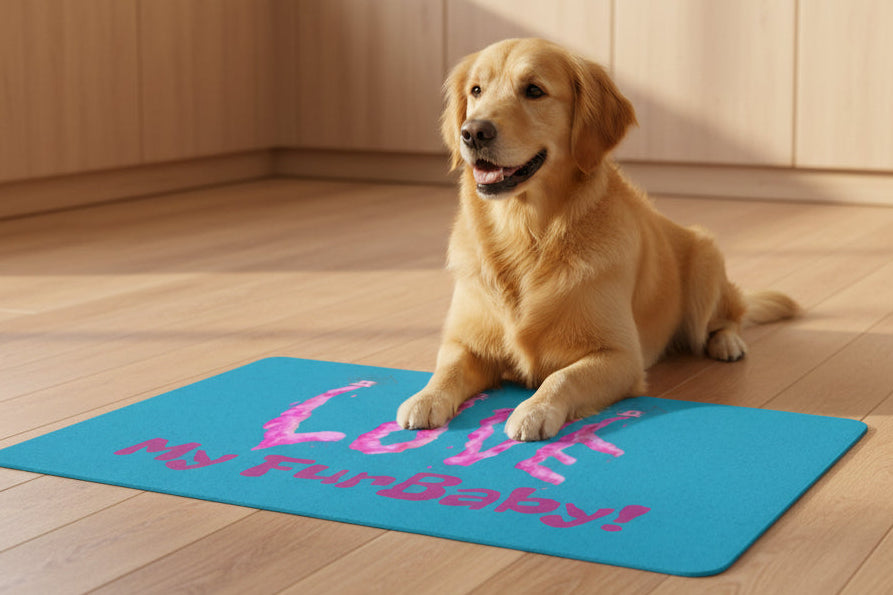 Blue pet food mat with pink text 'Love My Fur Baby!' Non Slip backing 12 x 18