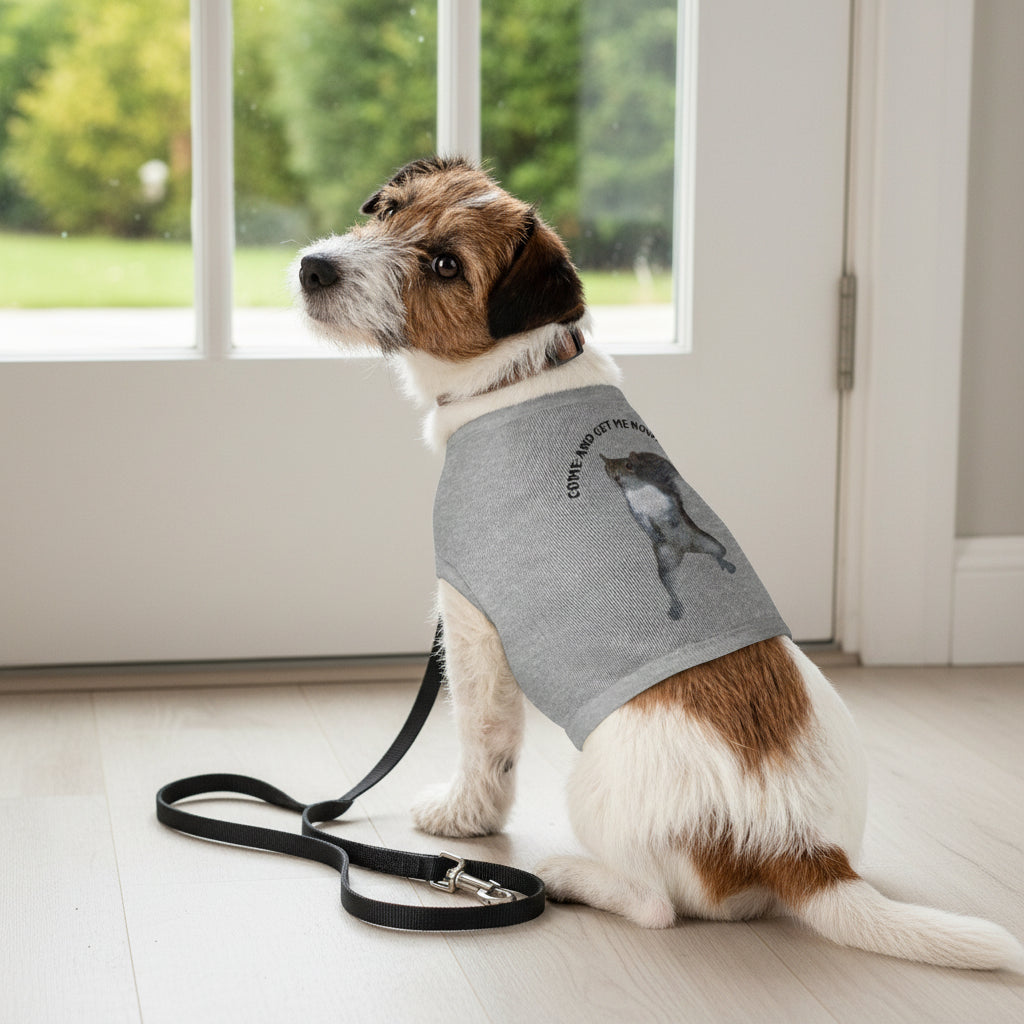 Pet Tank Top in Ribbed Cotton in White, Grey, Pink, Black with fun squirrel illustration and text