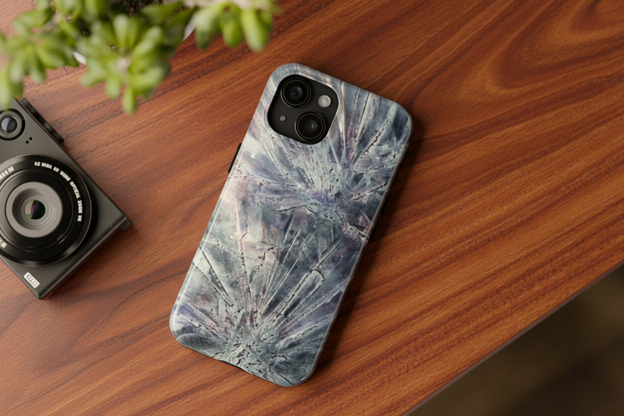 Phone case in abstract bursts of silver crystal design with rubber lining for strong impact and UV protection
