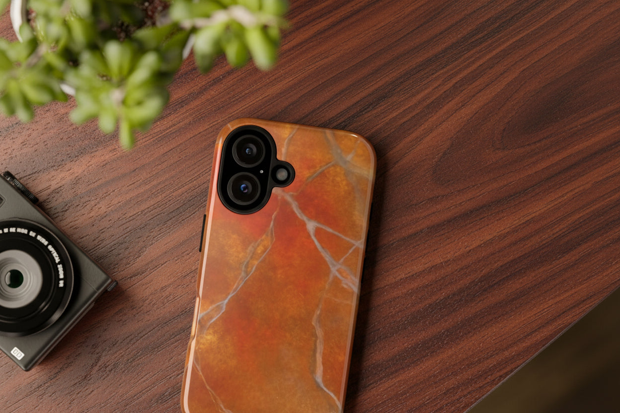 Phone case in sophisticated red orange marble design that is impact resistant tough in glossy or matte finish