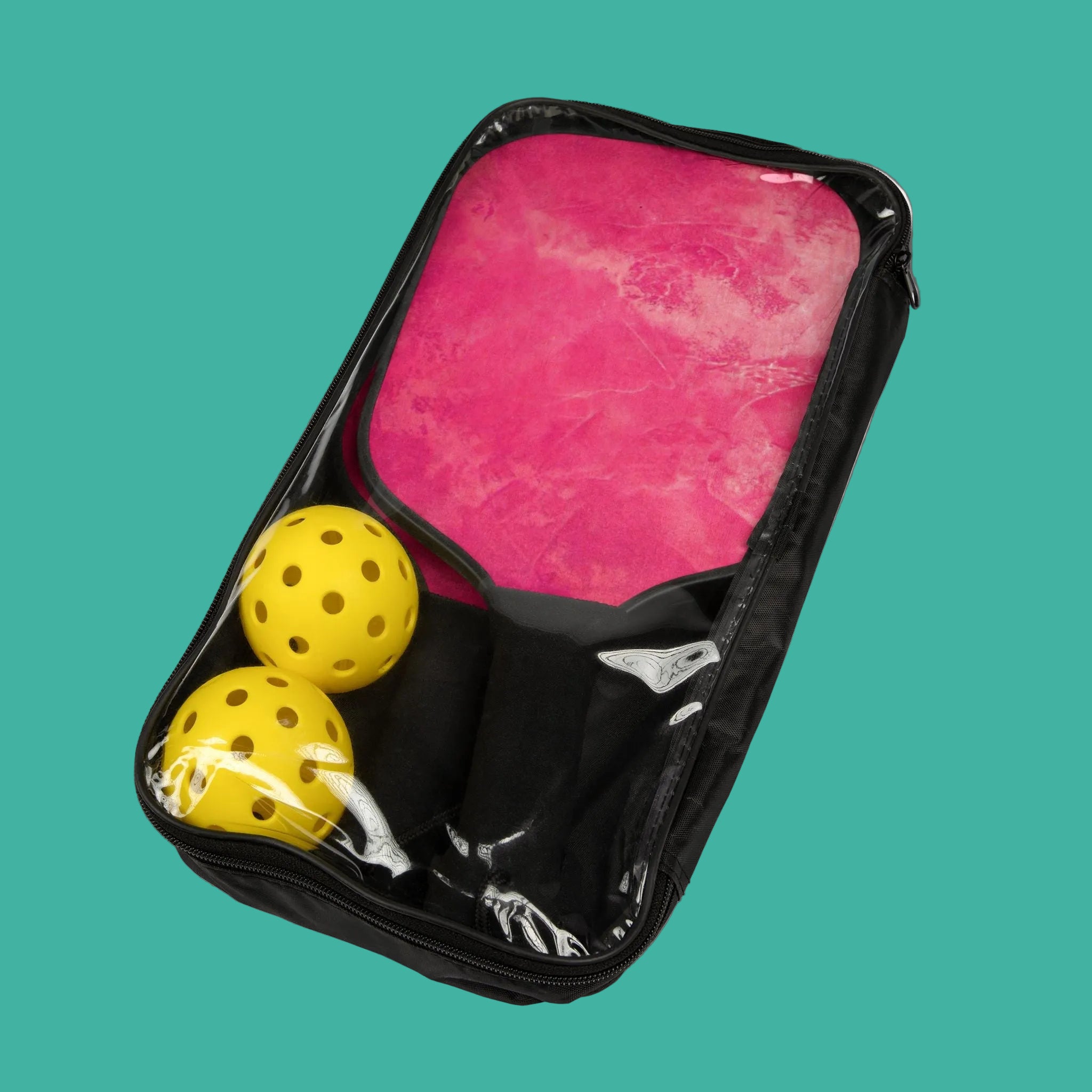Pickle ball Black carrying case with pink paddles and yellow pickle balls 