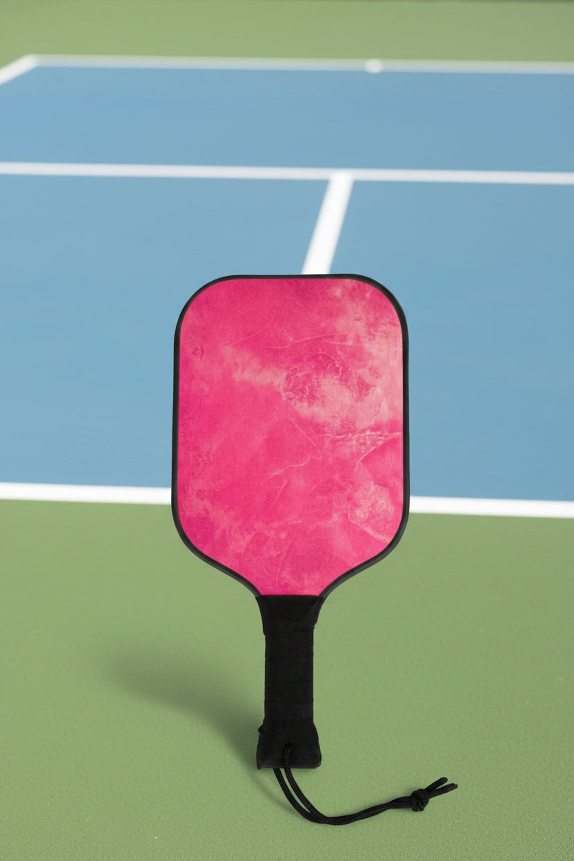 Pink pickleball paddle with black handle on a dark gray background