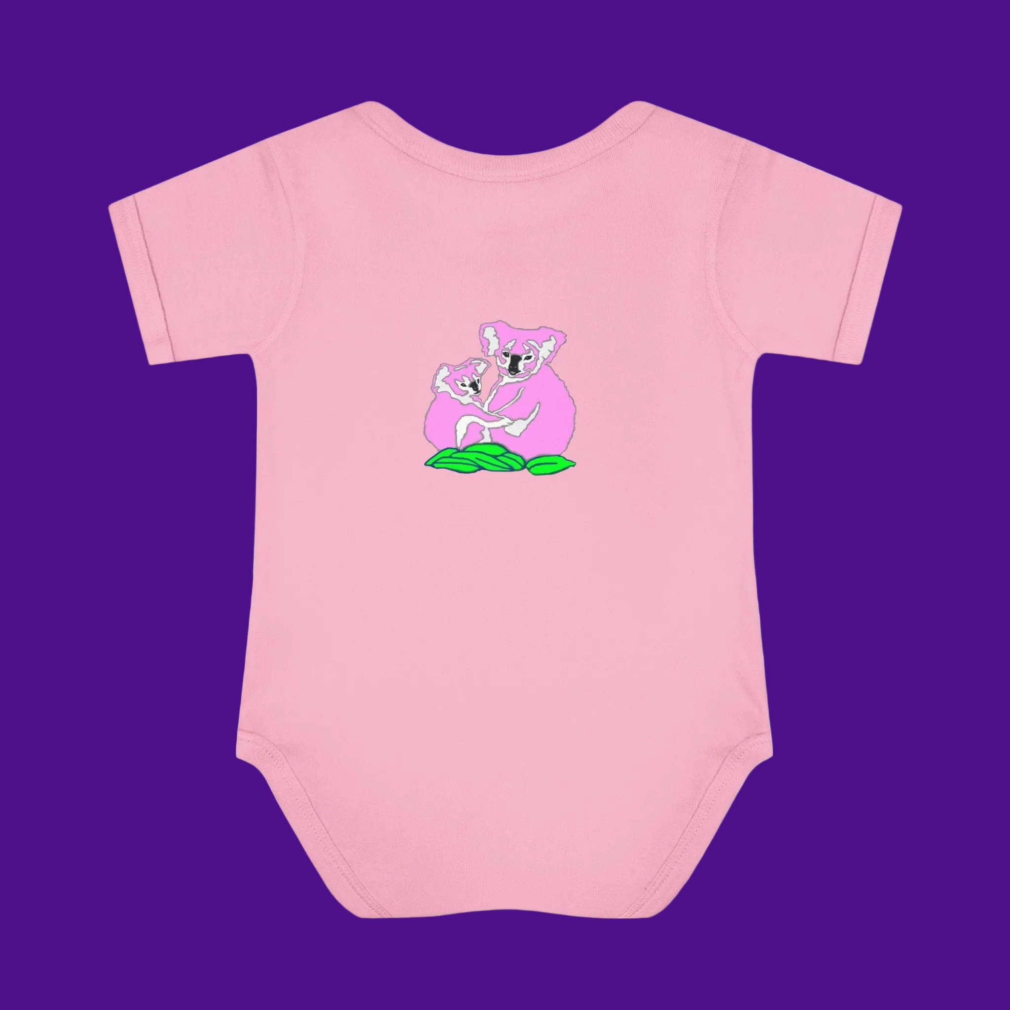 Pink baby onesie with pink momma and baby koalas