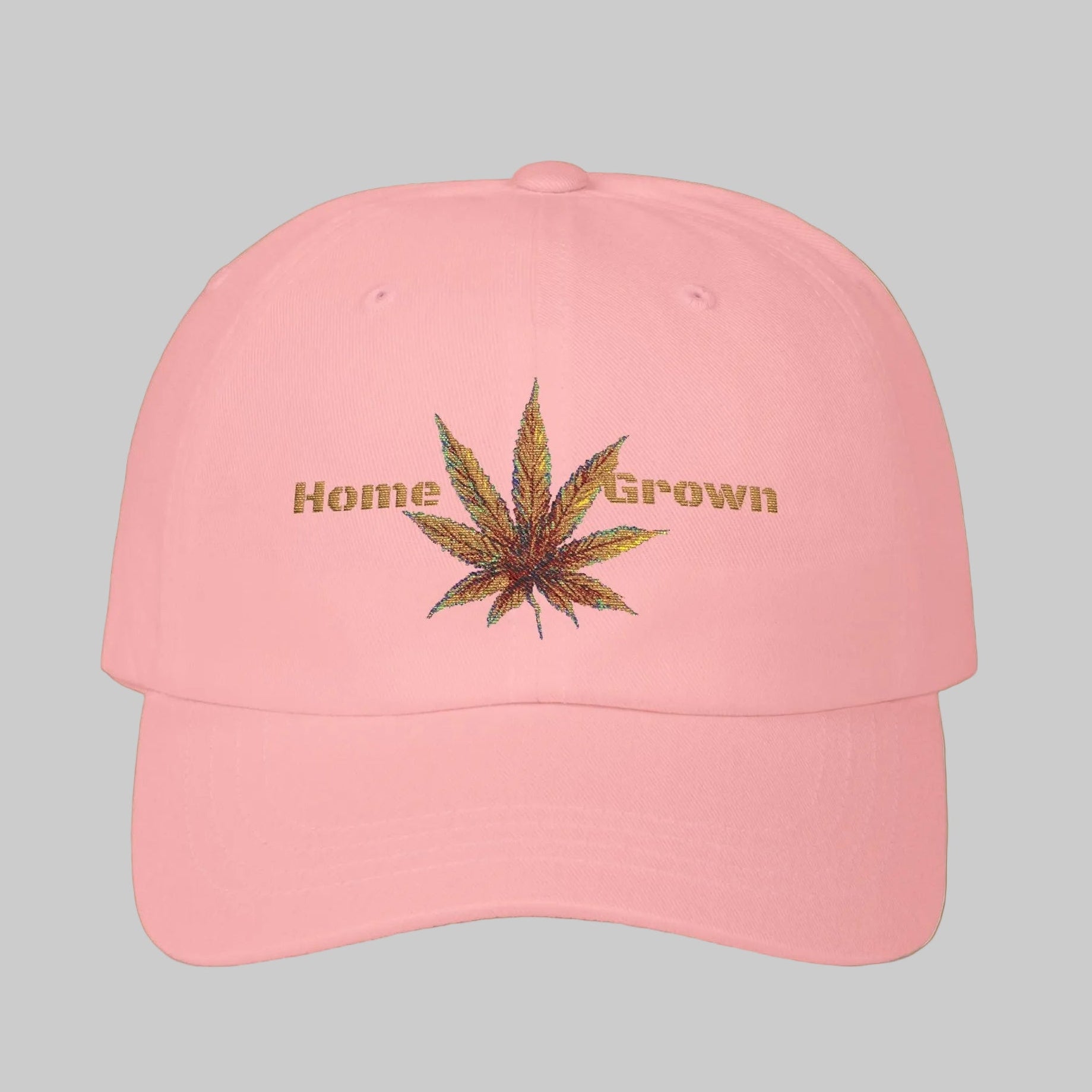 Pink dad's cap with cannabis leaf and 'Home Grown' text