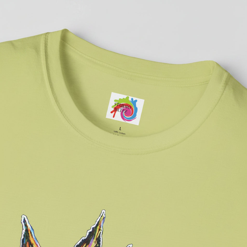 Close-up of Pistachio colored crewneck t-shirt showing the inner neck label with a colorful Studio Blitz logo and the top of Cannabis graphic print at the bottom.