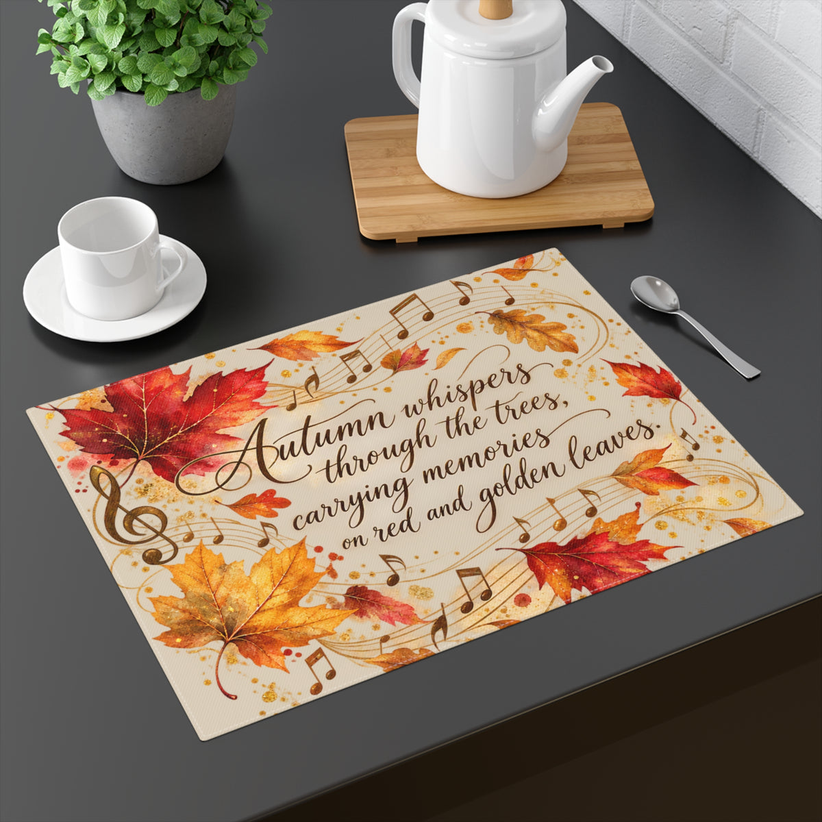 Colorful Fall theme placemat with red and gold leaves, musical notes, and lyrics