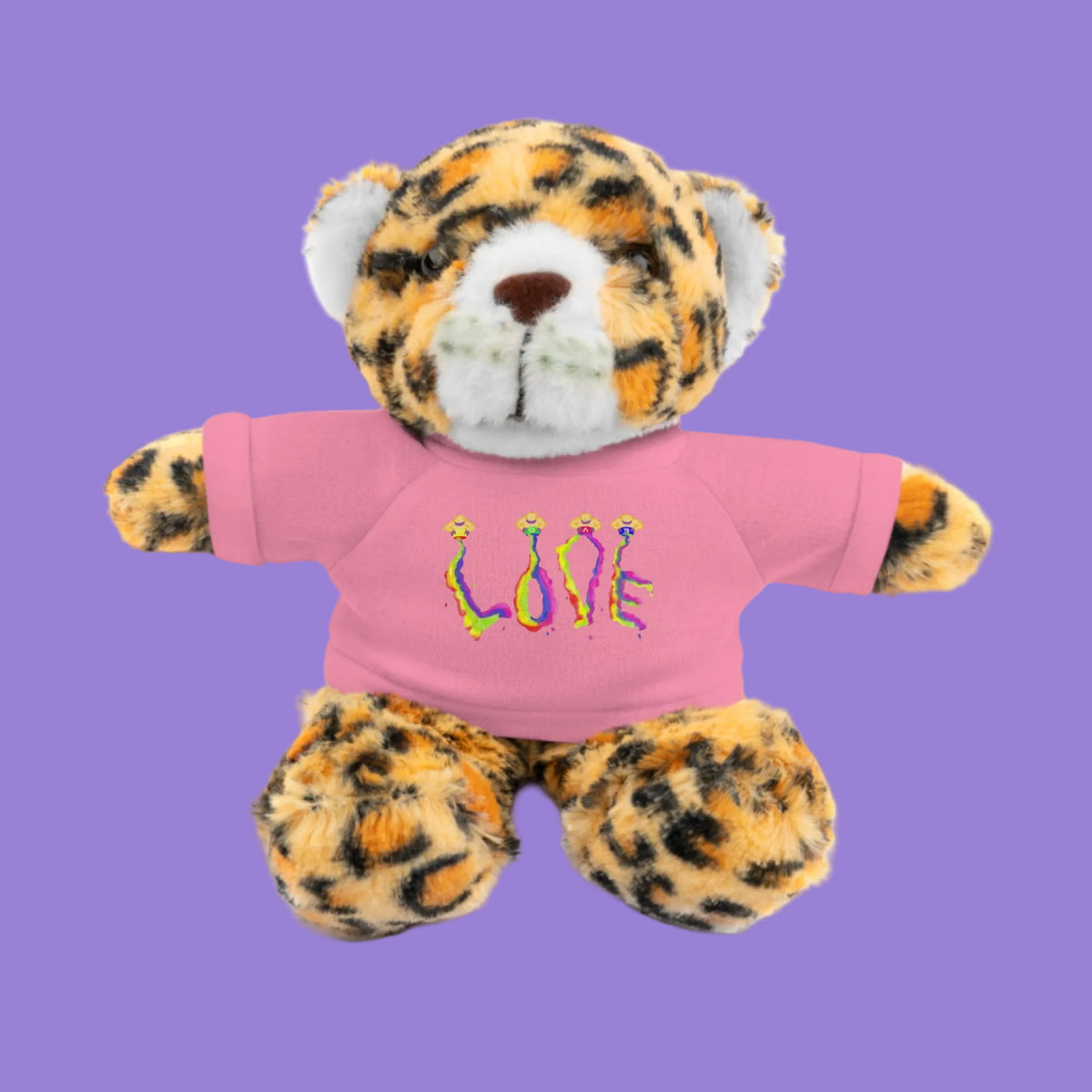 Plush jaguar toy wearing a pink shirt with a LOVE graphic