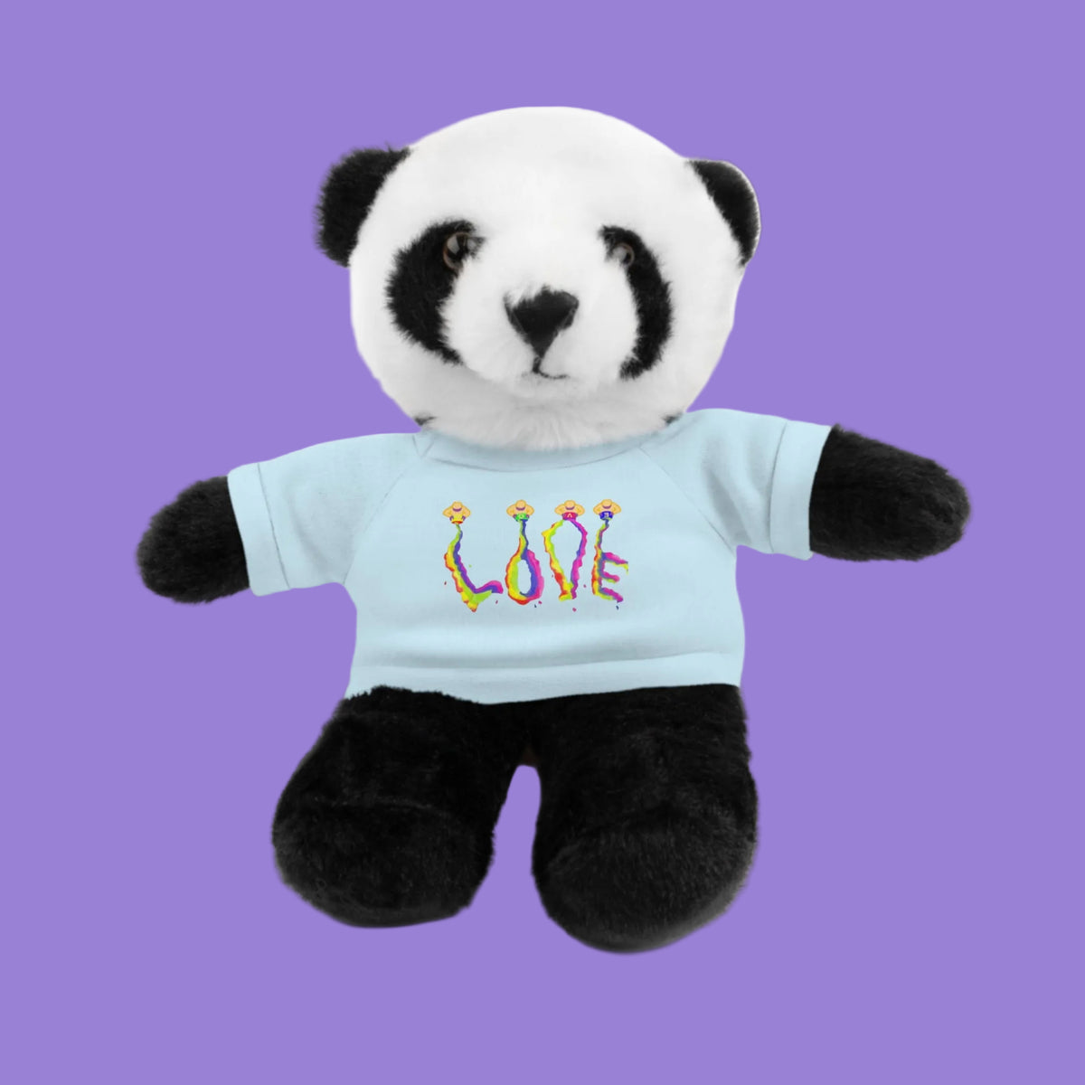 Plush panda bear wearing a light blue shirt with a love design 