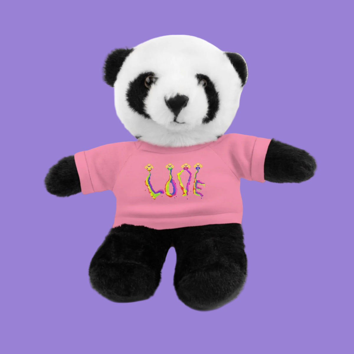 Plush panda bear wearing a pink tee shirt with a colorful LOVE graphic