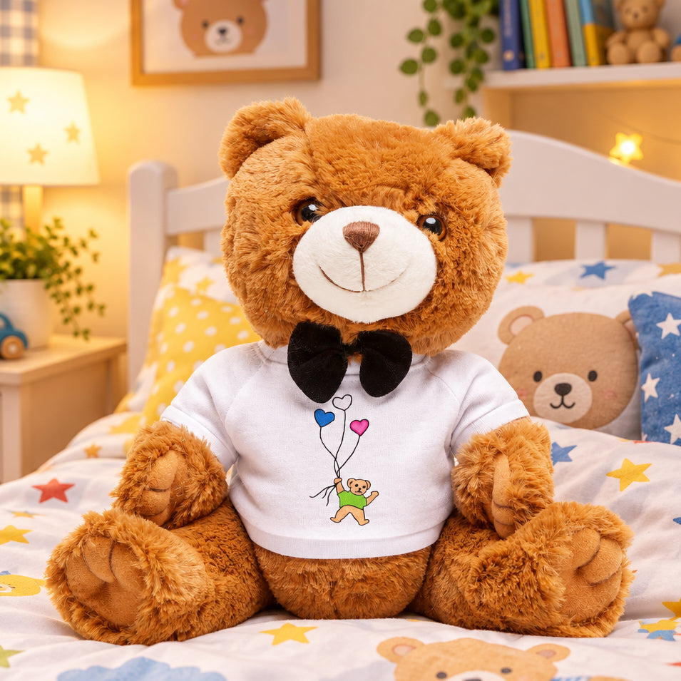 Teddy bear wearing a white tee shirt with cute bear and balloons illustration and a bow tie