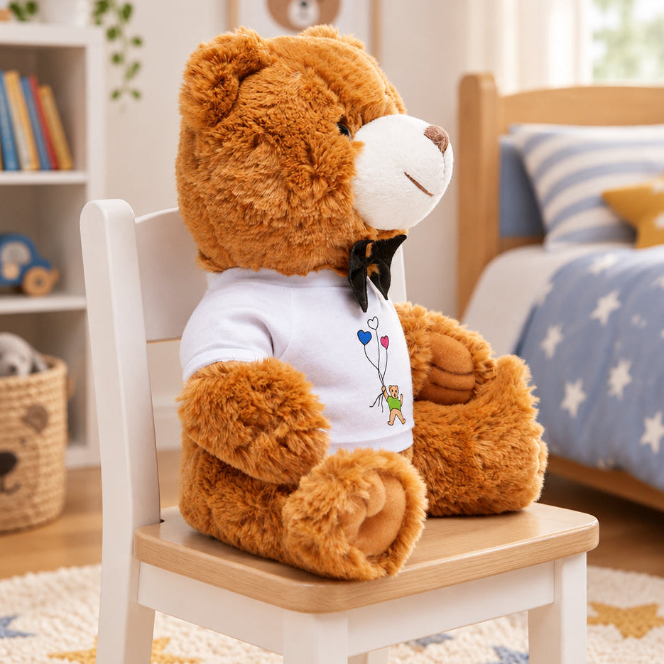 Plush teddy bear facing sideways in a bow tie and white tee