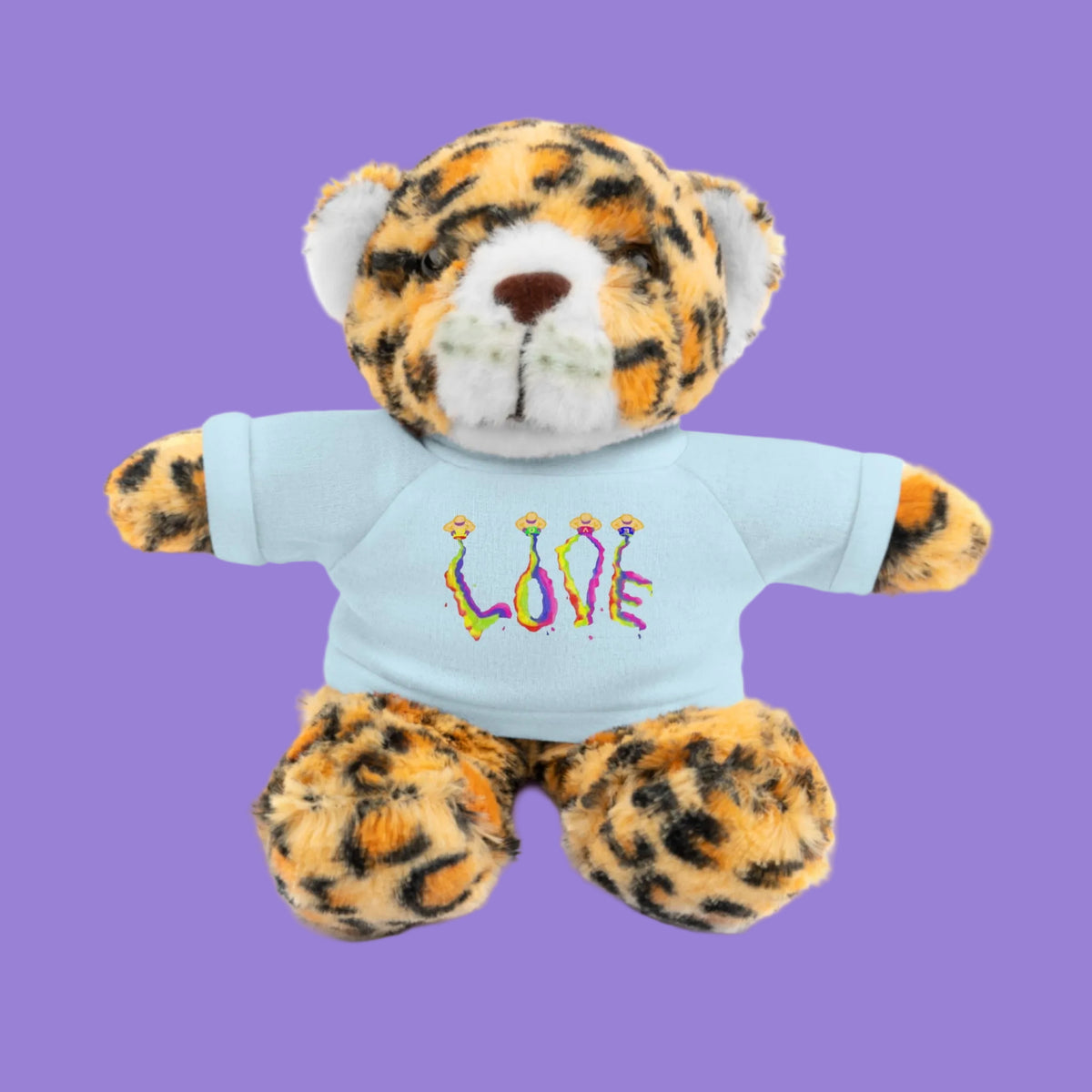 A plush jaguar wearing a light blue t-shirt with the word 'LOVE' printed in colorful dripping letters