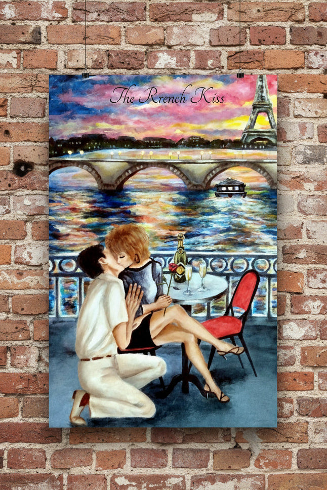 Poster Print of Romantic Painting of a French Kiss in front of the  Eiffel Tower 