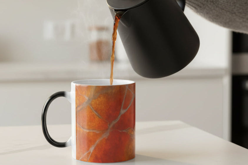 Mug with red orange painted marbled with black 'C' Handle for extra comfort