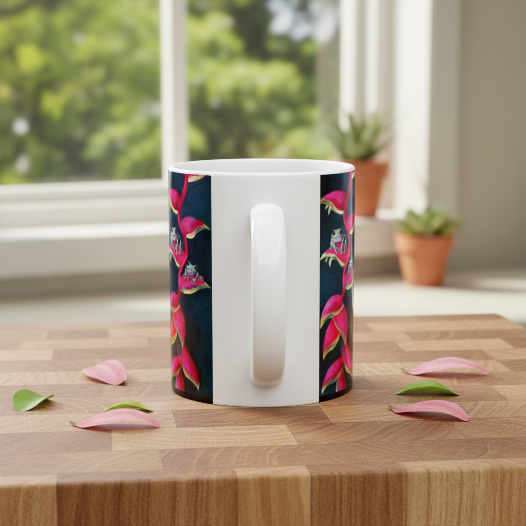 11oz mug with C Handle for comfort and painted vibrant tropical scene