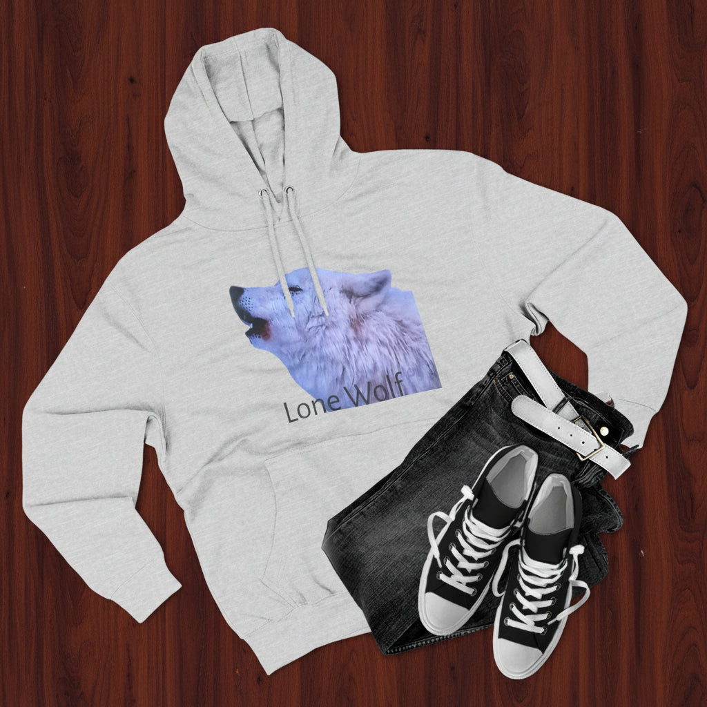  hoodie - Heather Grey - with wolf graphic and 'Lone Wolf' text, black jeans, and black sneakers 