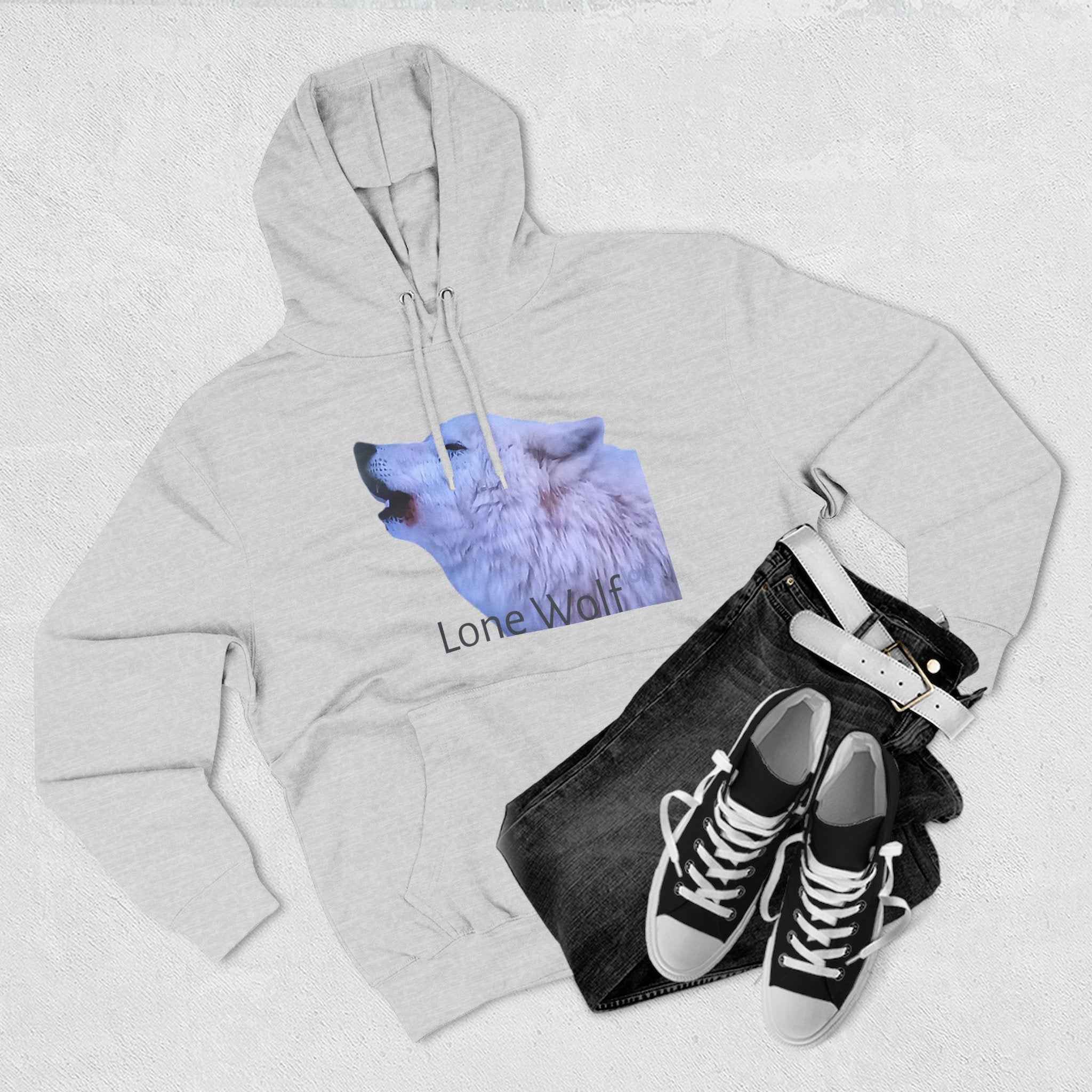  hoodie - Heather Grey - with wolf graphic and 'Lone Wolf' text, black jeans, and black sneakers 
