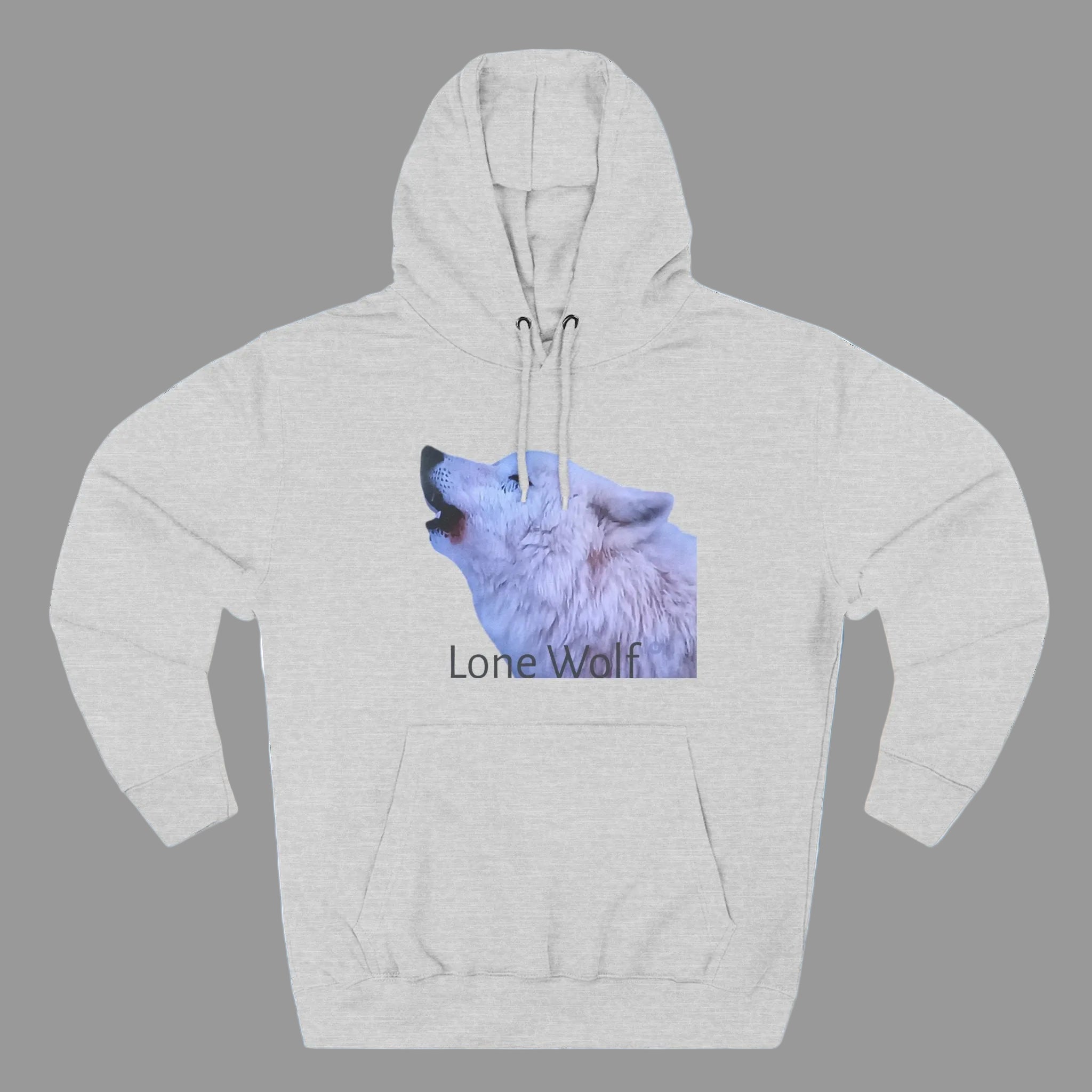 Heather Grey snuggly hoodie with a wolf graphic and 'Lone Wolf' text on front and back is Call of the Wild with wolf graphic