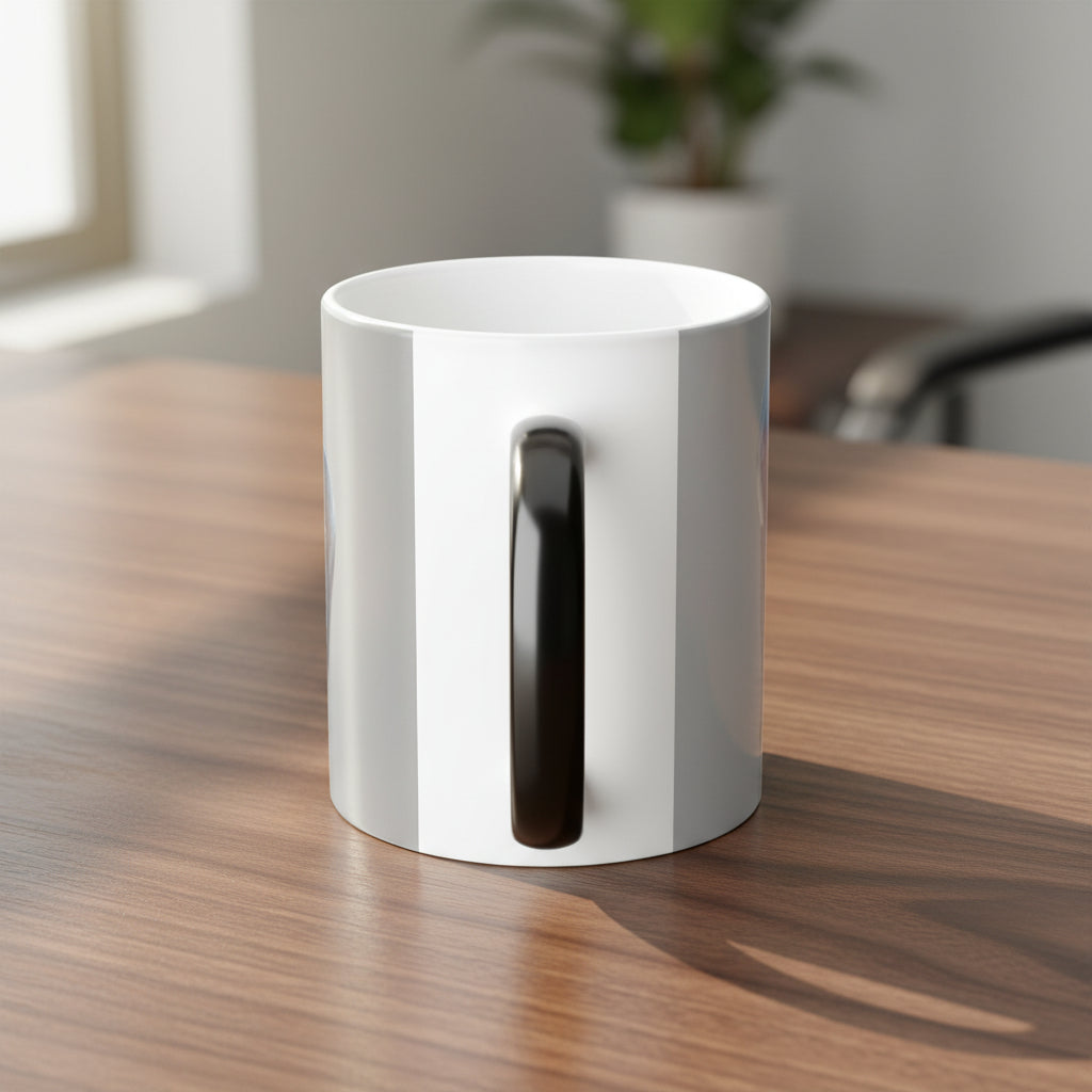 Mug's view showing a black handle with C Shape for comfortable handling 11oz. 