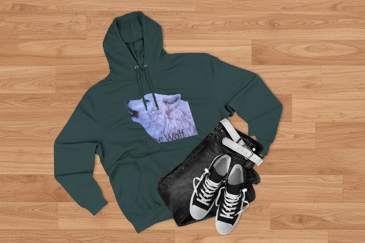 Green hoodie with wolf graphic, black jeans, and black sneakers 
