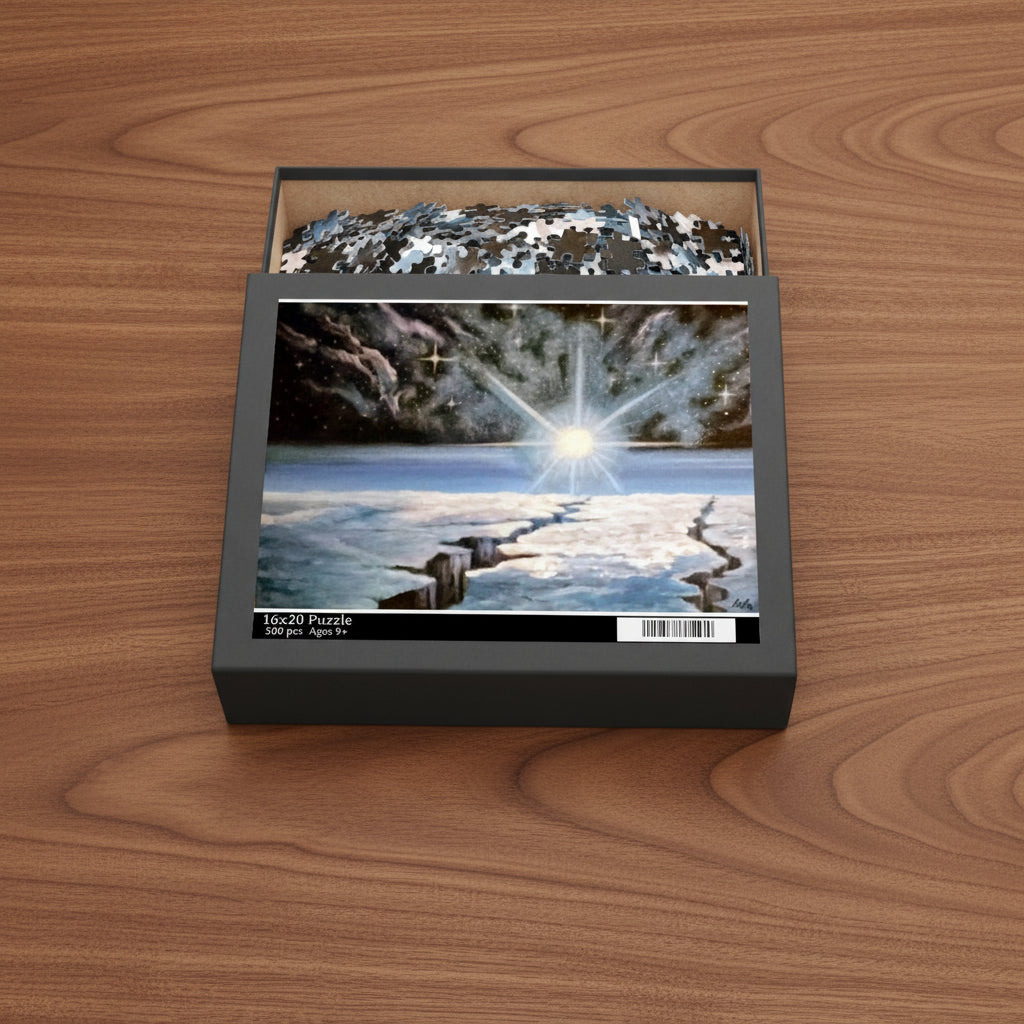 Jigsaw puzzle box with a star filled galaxy and an icy planet