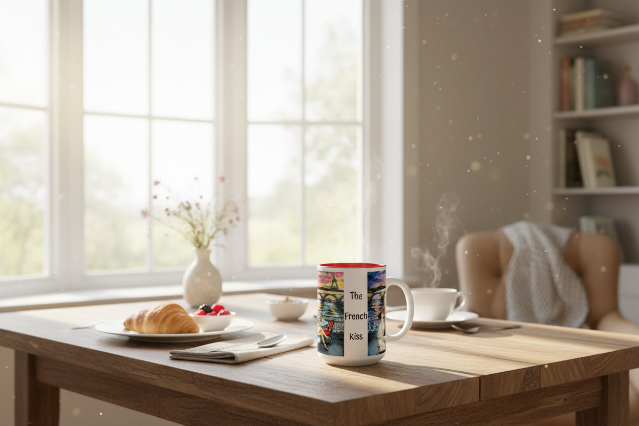 Mug with 'The French Kiss' design featuring a scenic view and a red interior.