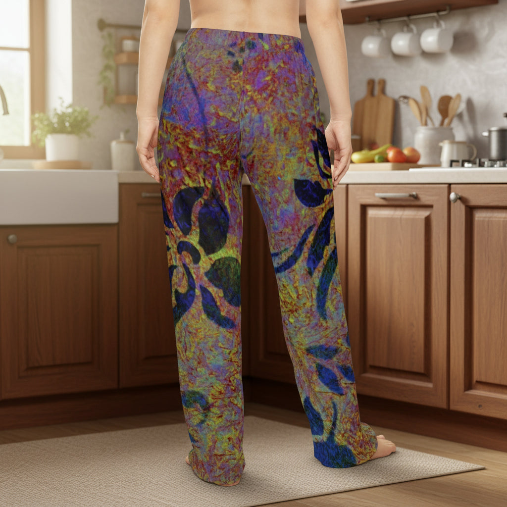 ladies lounging pajamas in loose, ankle-length pants with a vivid abstract design you will want to live in.