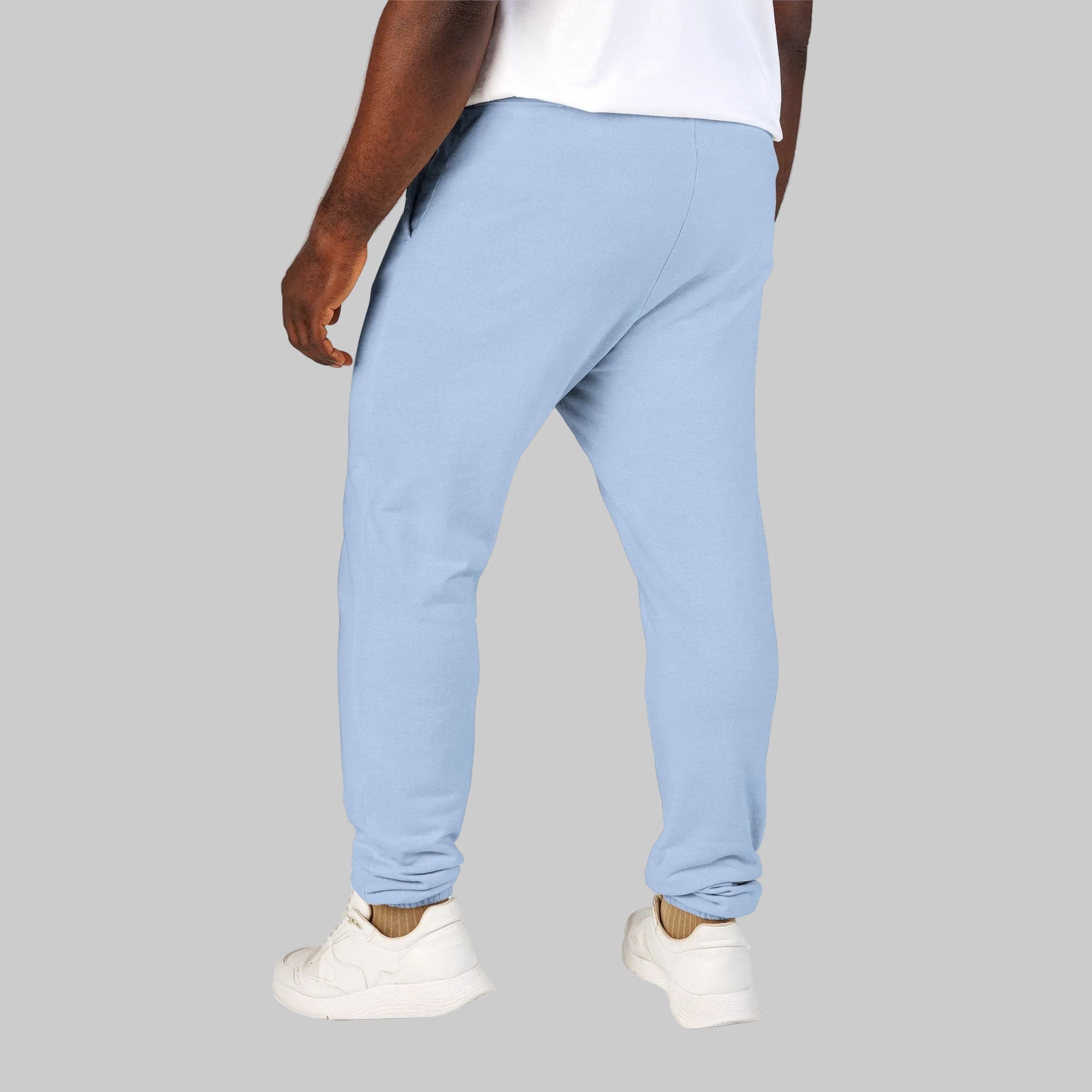Back view of Hydrangea colored unisex sweatpants in soft, durable cotton for relaxed fit