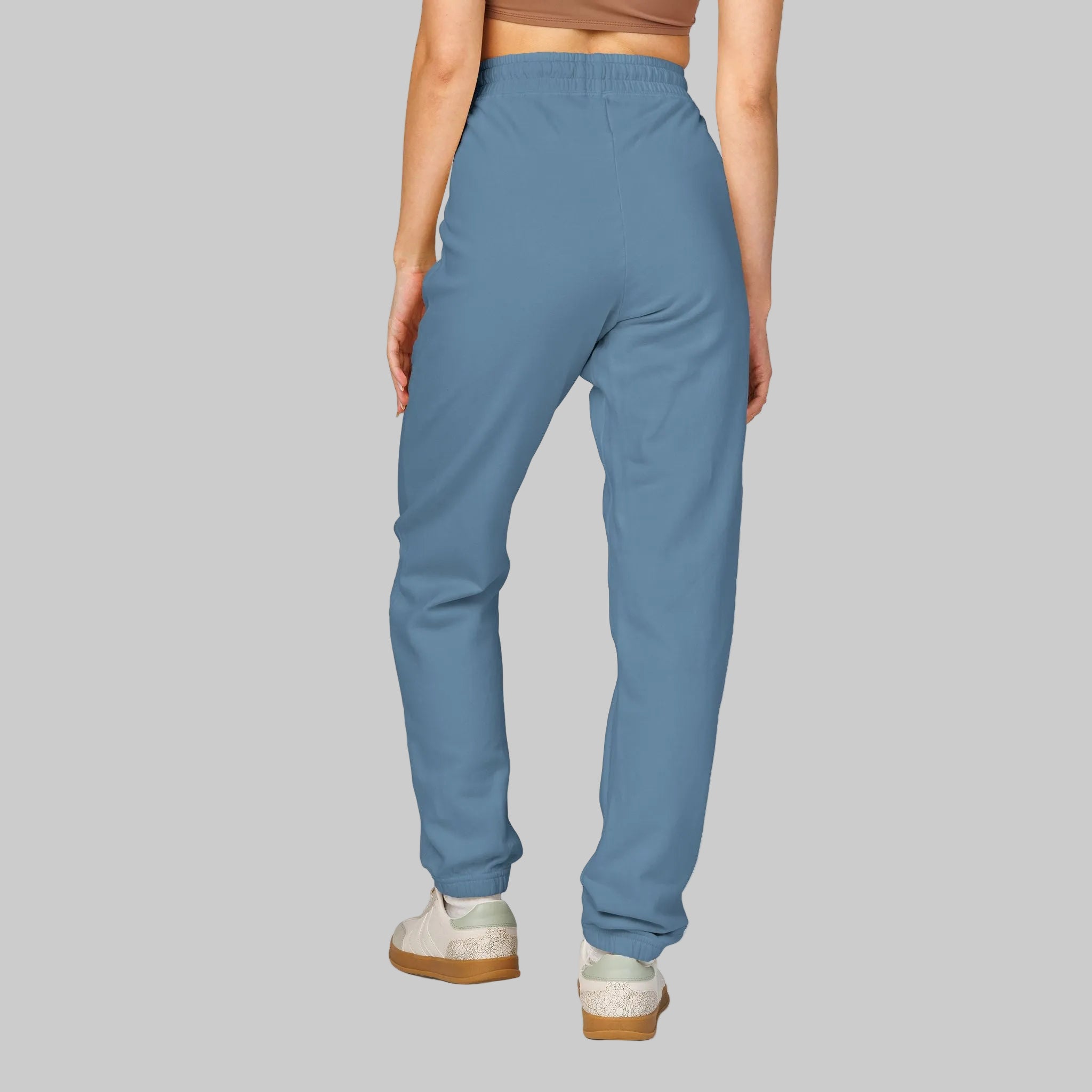 Blue Jean colored jogger/lounging sweatpants shown from rear in 100% cotton