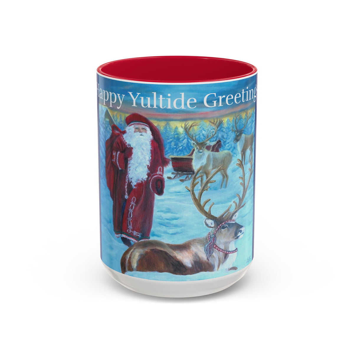Tumbler with Santa Claus and reindeer design on a white background