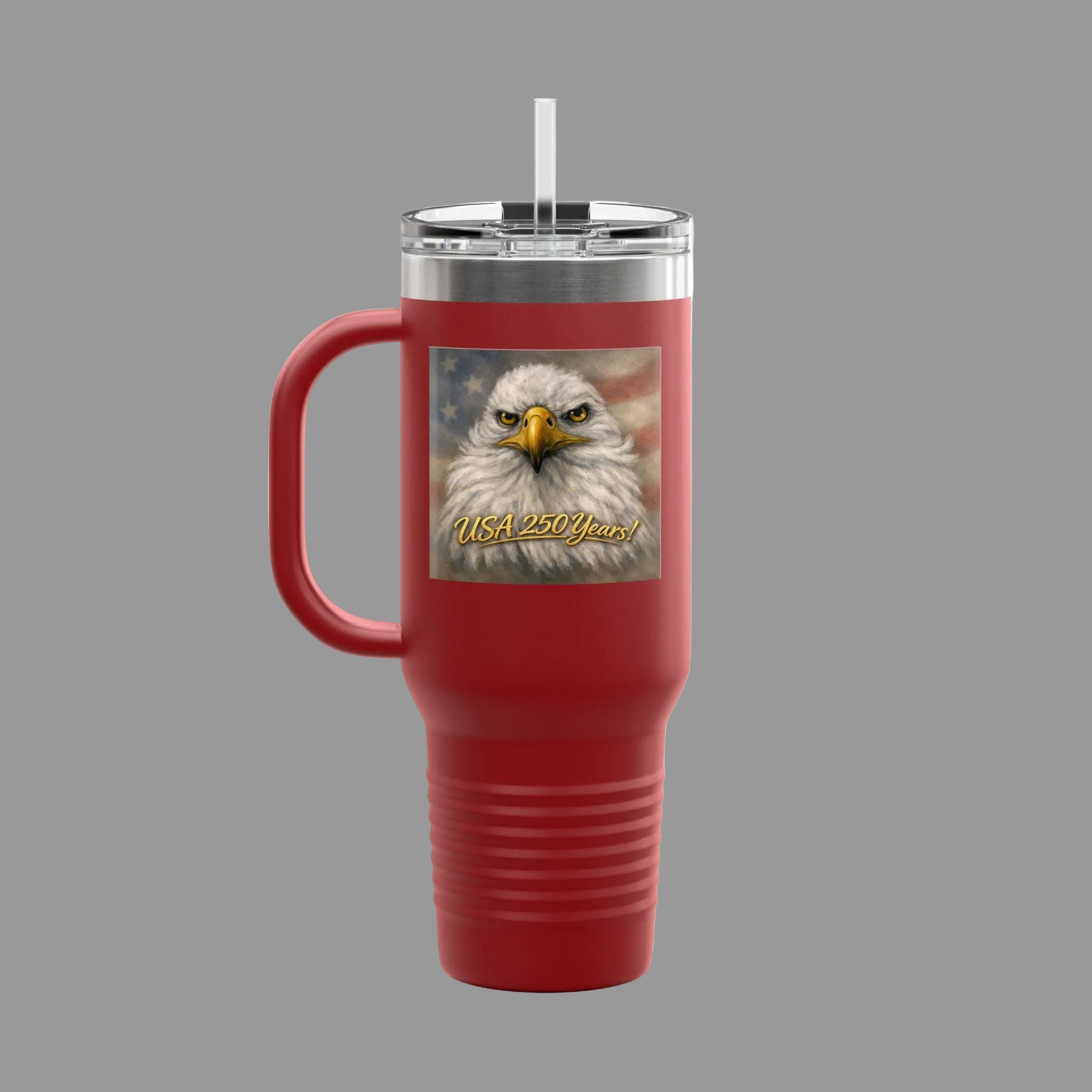40 oz Insulated travel mug in Red with painted bald eagle