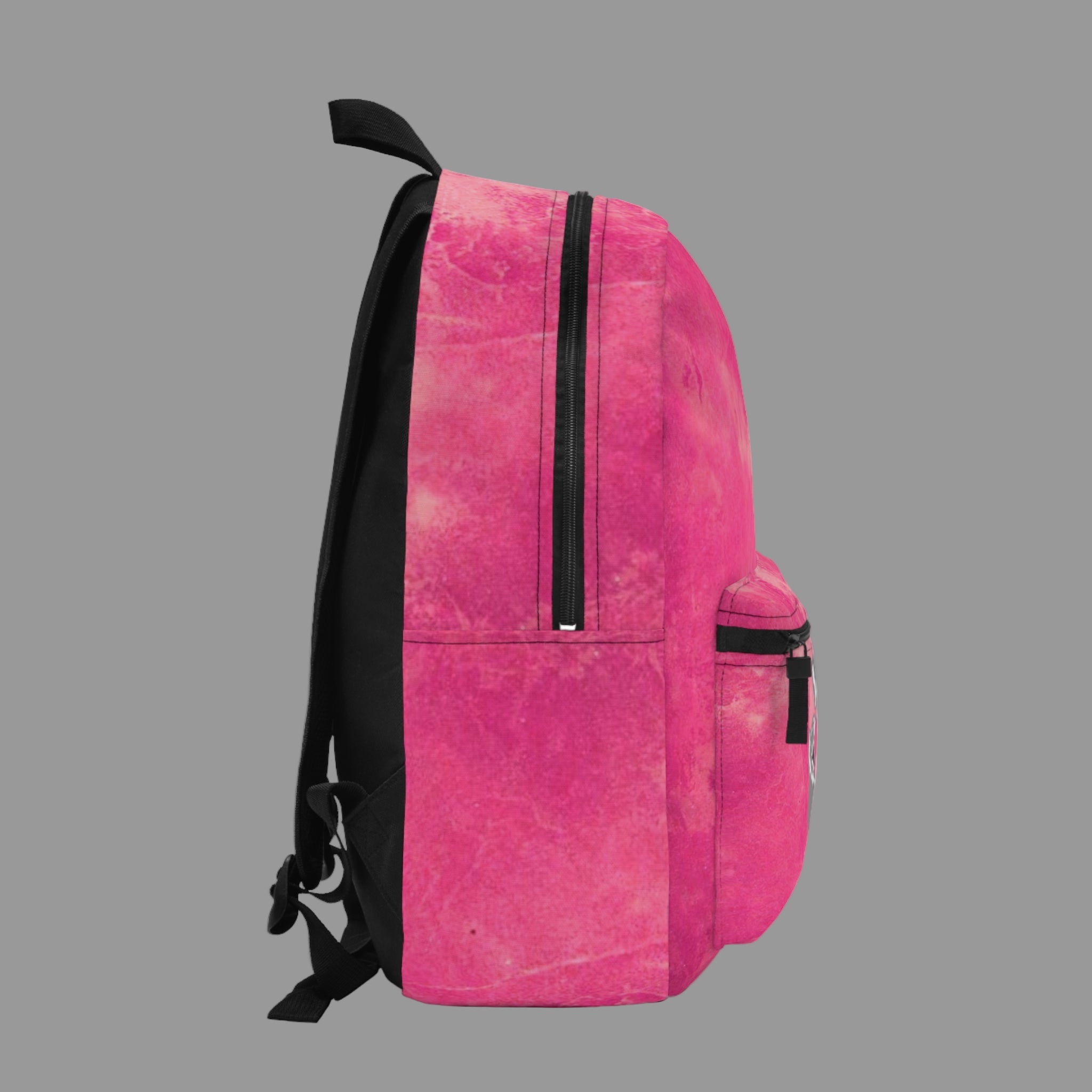 Pink backpack with black zippers 