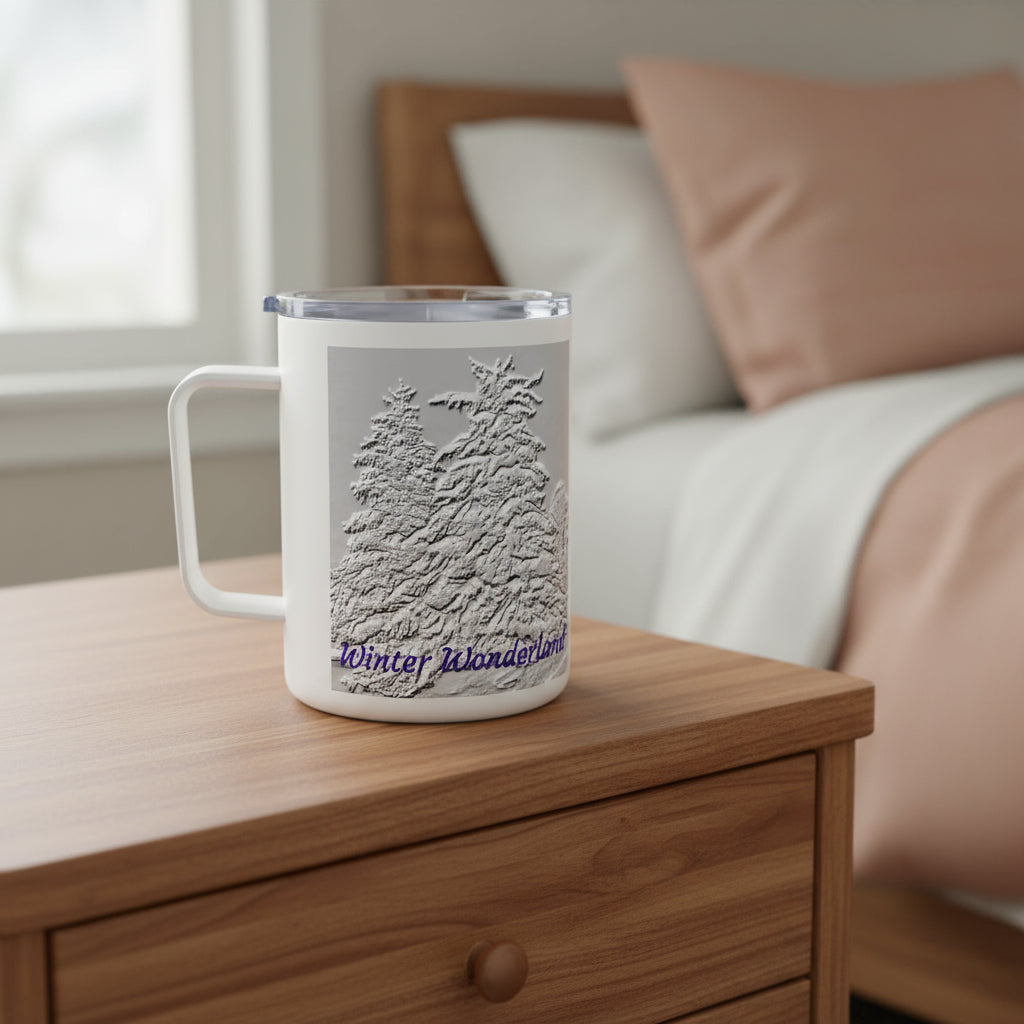 White mug with 'Winter Wonderland' text and textured snowy tree design on a gray background 