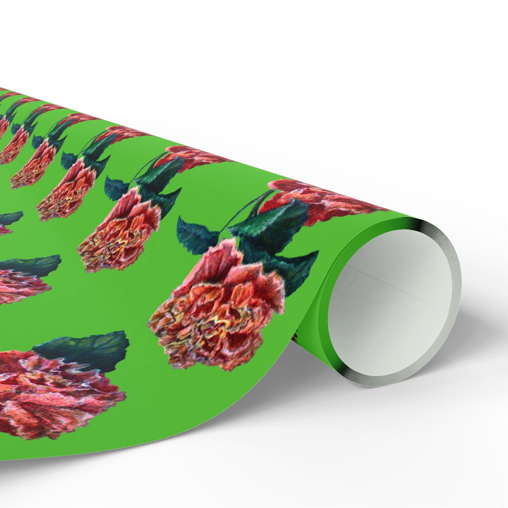 Roll of floral-patterned paper with red flowers on a green background