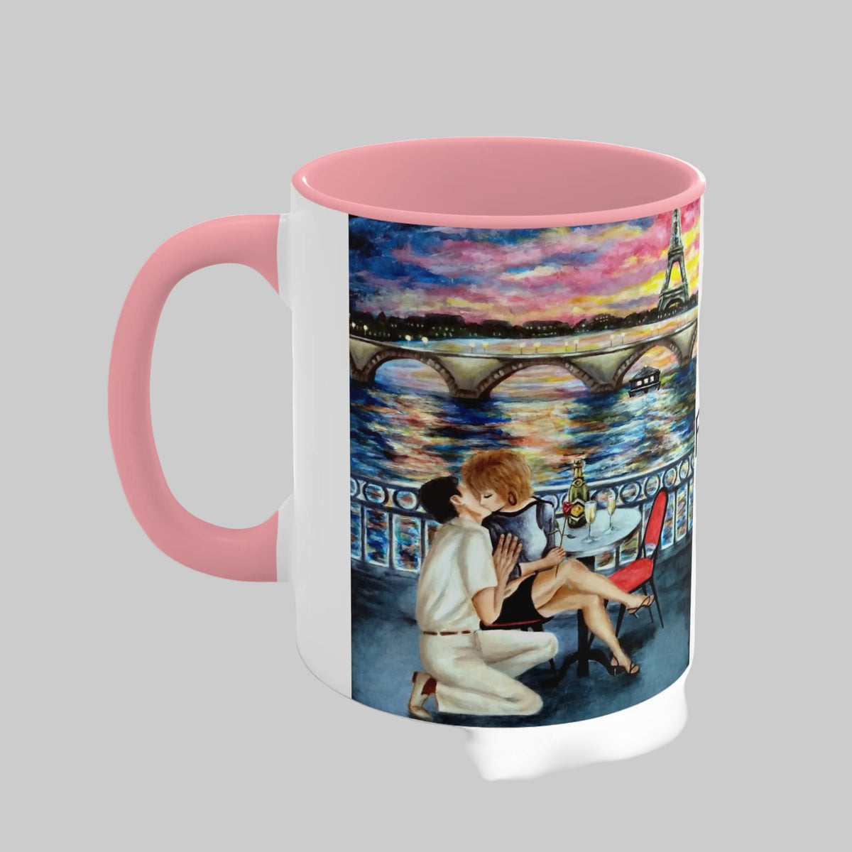 Mug with a romantic scene of a couple by the Eiffel Tower at sunset  pink, red or black accents