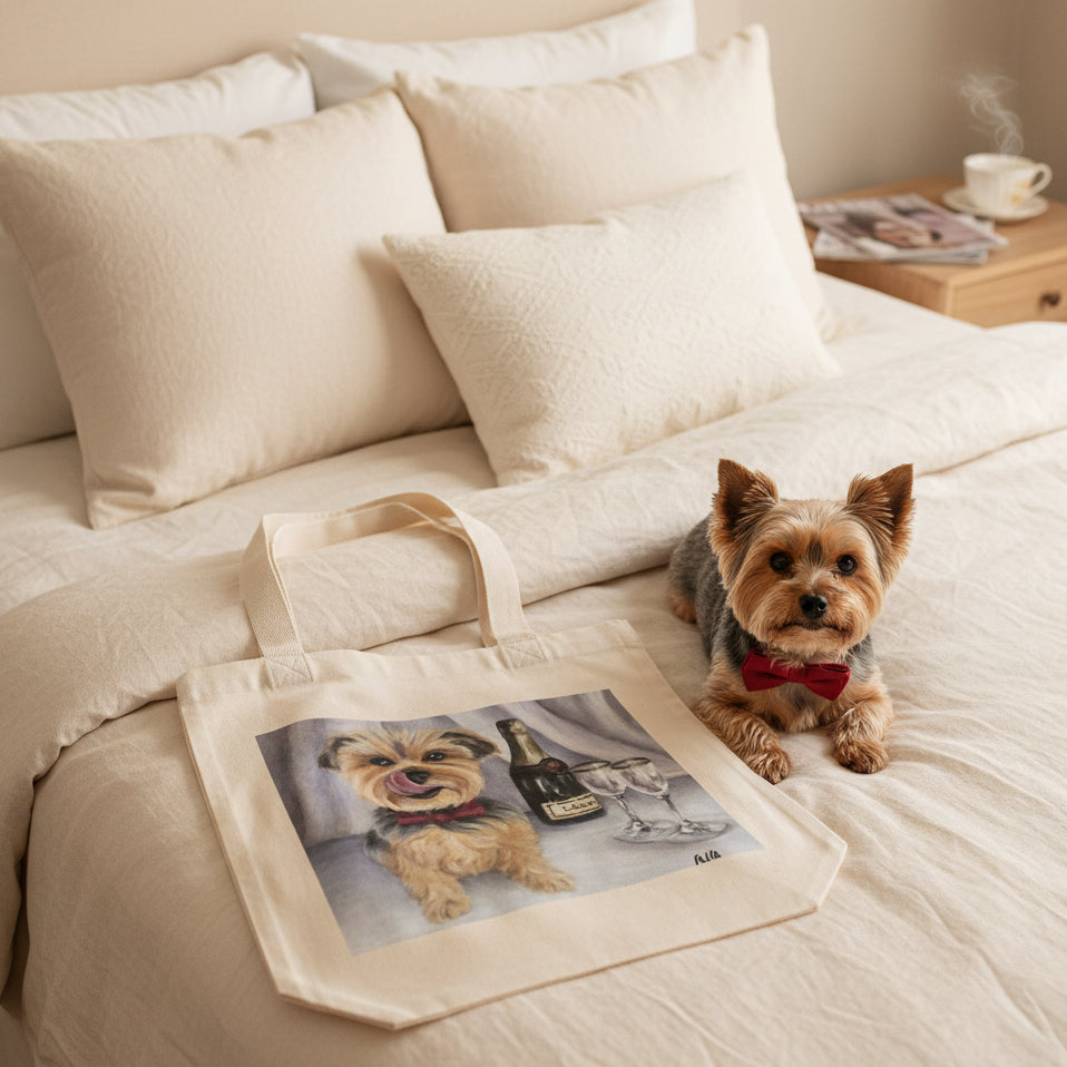 An off-white canvas tote bag featuring a printed illustration of a small tan and gray dog wearing a red bow tie, sitting next to a bottle of wine and two wine glasses.