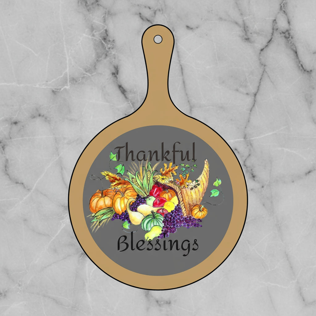 Decorative cutting board with Thankful Blessing design and text and Cornucopia painting