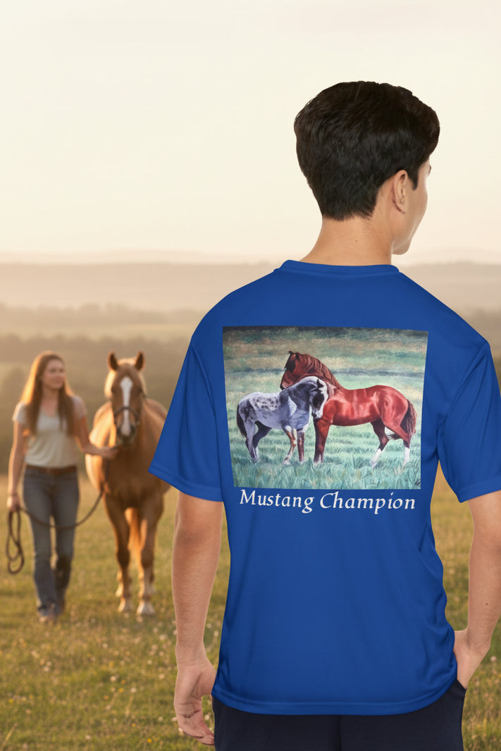 Performance T shirt in royal blue for the horseman or animal lover of endangered mustangs as well as comfort in material that will keep you dry and cool while wearing well.