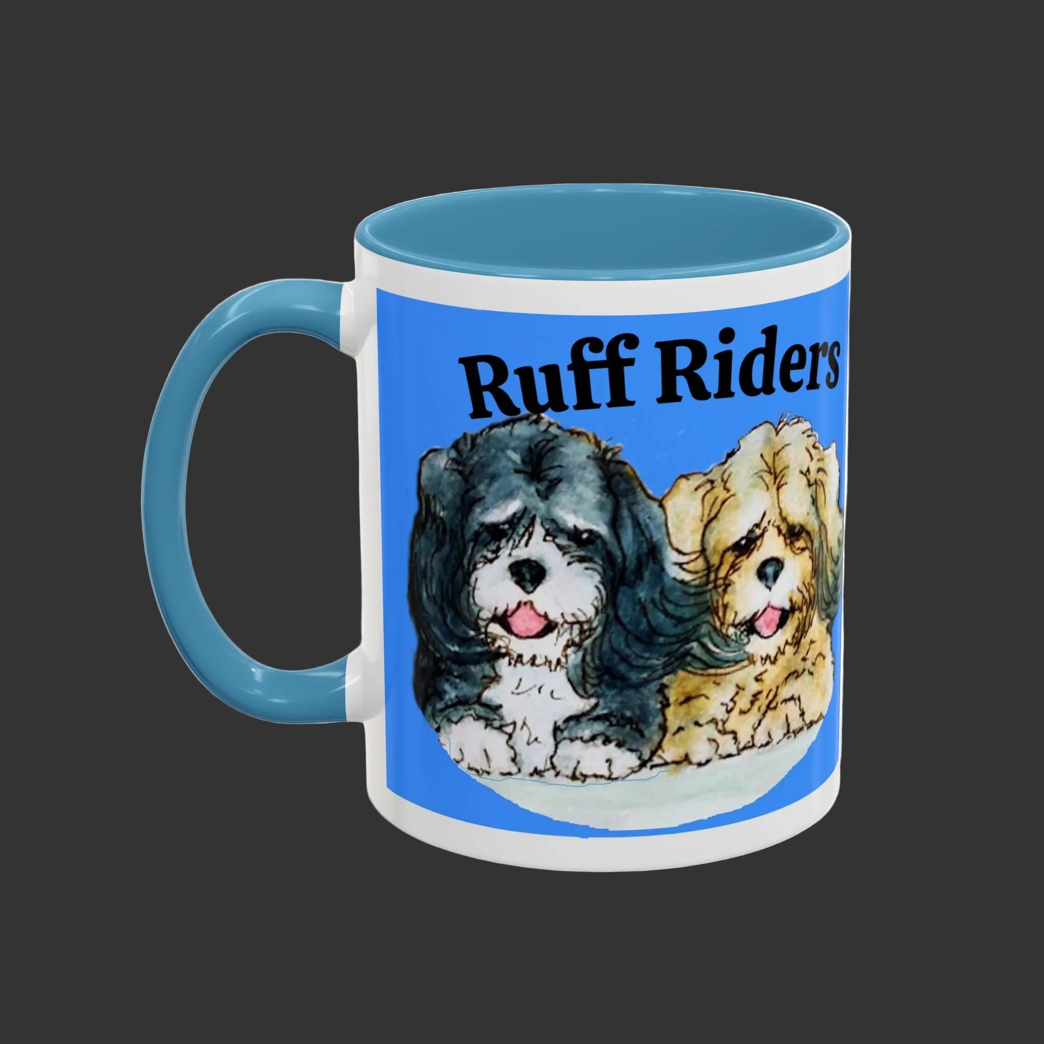 Mug with 'Ruff Riders' text and dog illustrations on a blue background