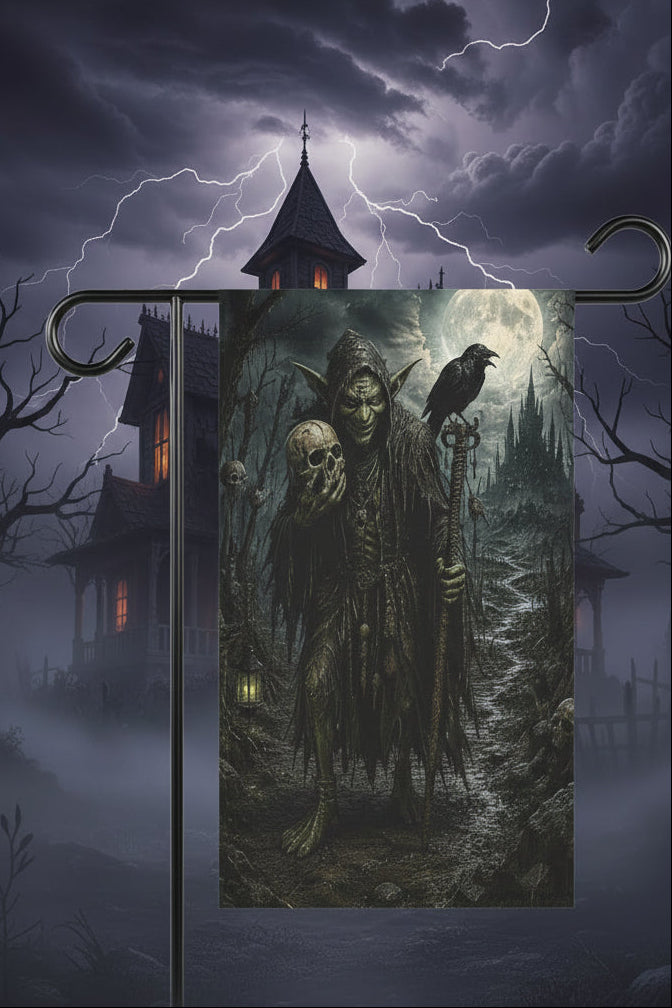 A vertical garden flag hanging from a black metal H-shaped stand against a plain white background. The flag features a dark fantasy illustration of a green-skinned goblin-like figure with a skull on its shoulder, a raven perched on its arm, and a misty forest under a full moon in the background.