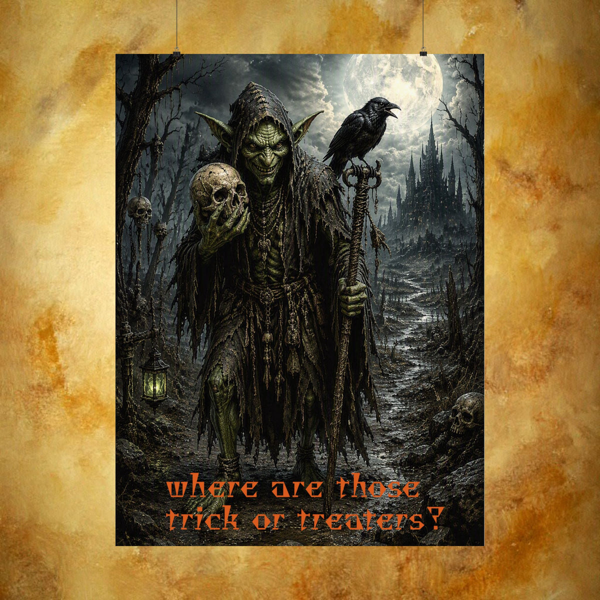 A vertical Halloween poster featuring a dark, gothic illustration of a green-skinned goblin holding a skull and staff, with a raven on its head, set against a spooky forest path at night. The text at the bottom reads 'where are those trick or treaters?' in orange.