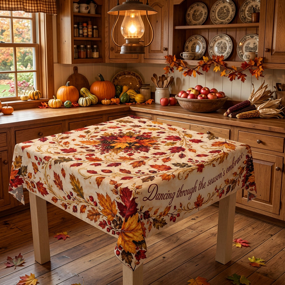 A square tablecloth with an autumn leaf pattern in red, orange, and yellow on a cream background, draped over a table with the phrase 'Dancing through the season's emotions' printed on one side.