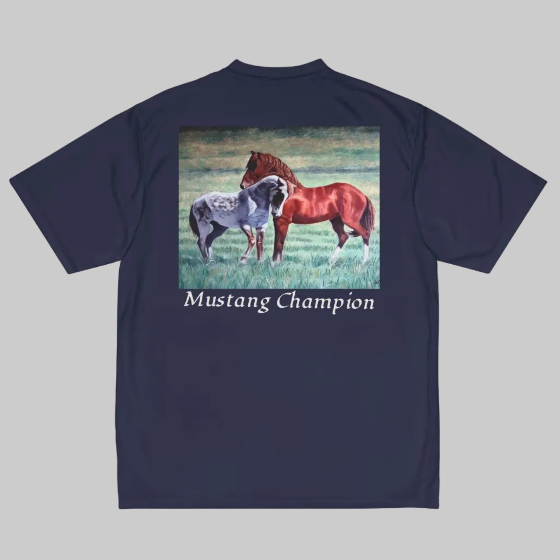 Men's navy blue short-sleeve t-shirt shown from the back, featuring a  print of wild endangered mustangs with the text 'Mustang Champion' printed below it for those who support this breed and love a great workout performance shirt.