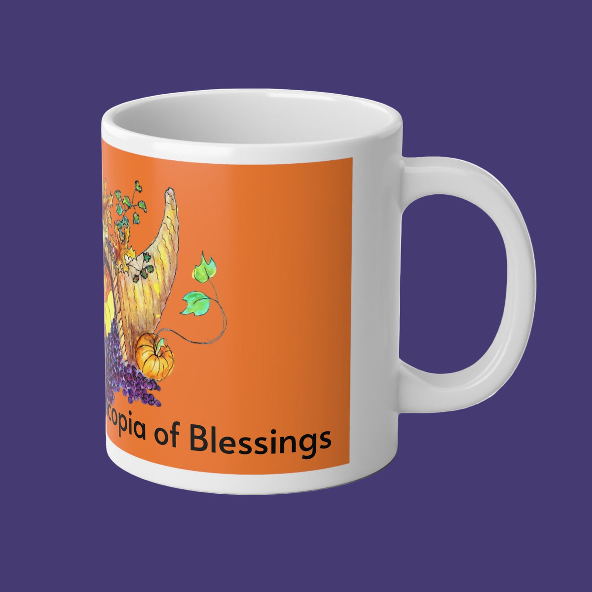 Mug with colorful Autumn painting featuring a cornucopia and text