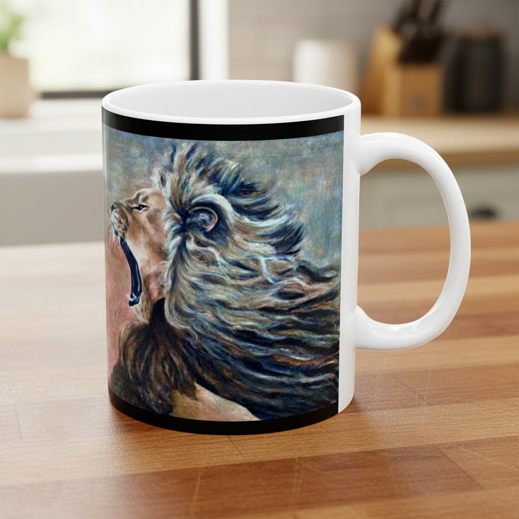 Mug painted with Leo's Roar shows large C Handle for comfort - excellent gift